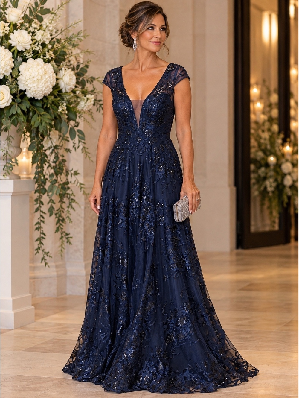 Elegant Navy Blue A-line Evening Gown, US Size 4 cap sleeve